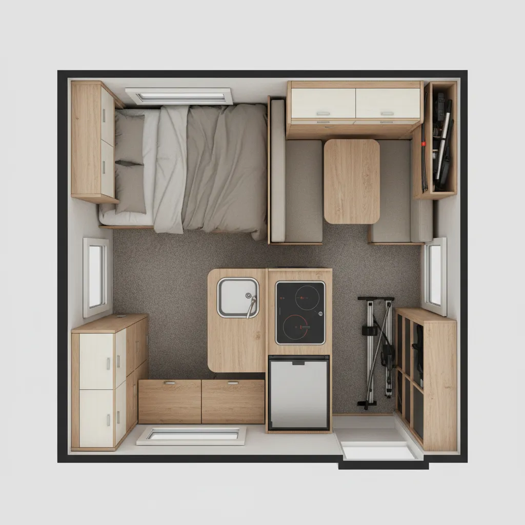 Plano 3D de distribución interior de una casa rodante