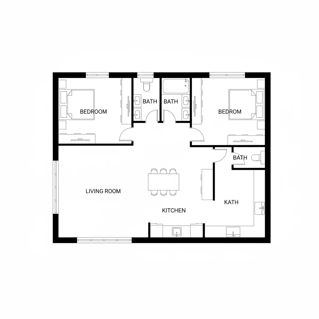 Plano de distribución de una casa de 100m2 con zona abierta