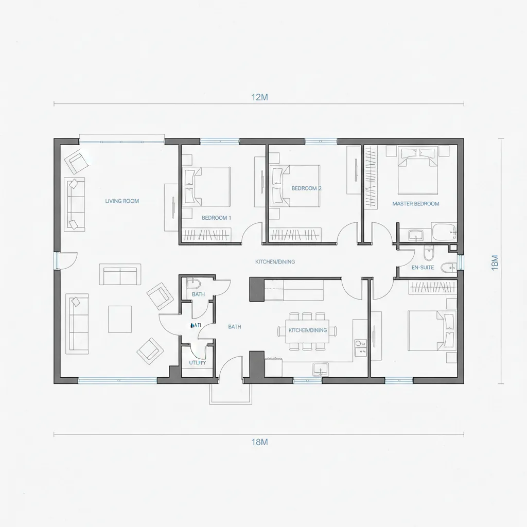 Plano de distribución eficiente para casa en terreno 12x18