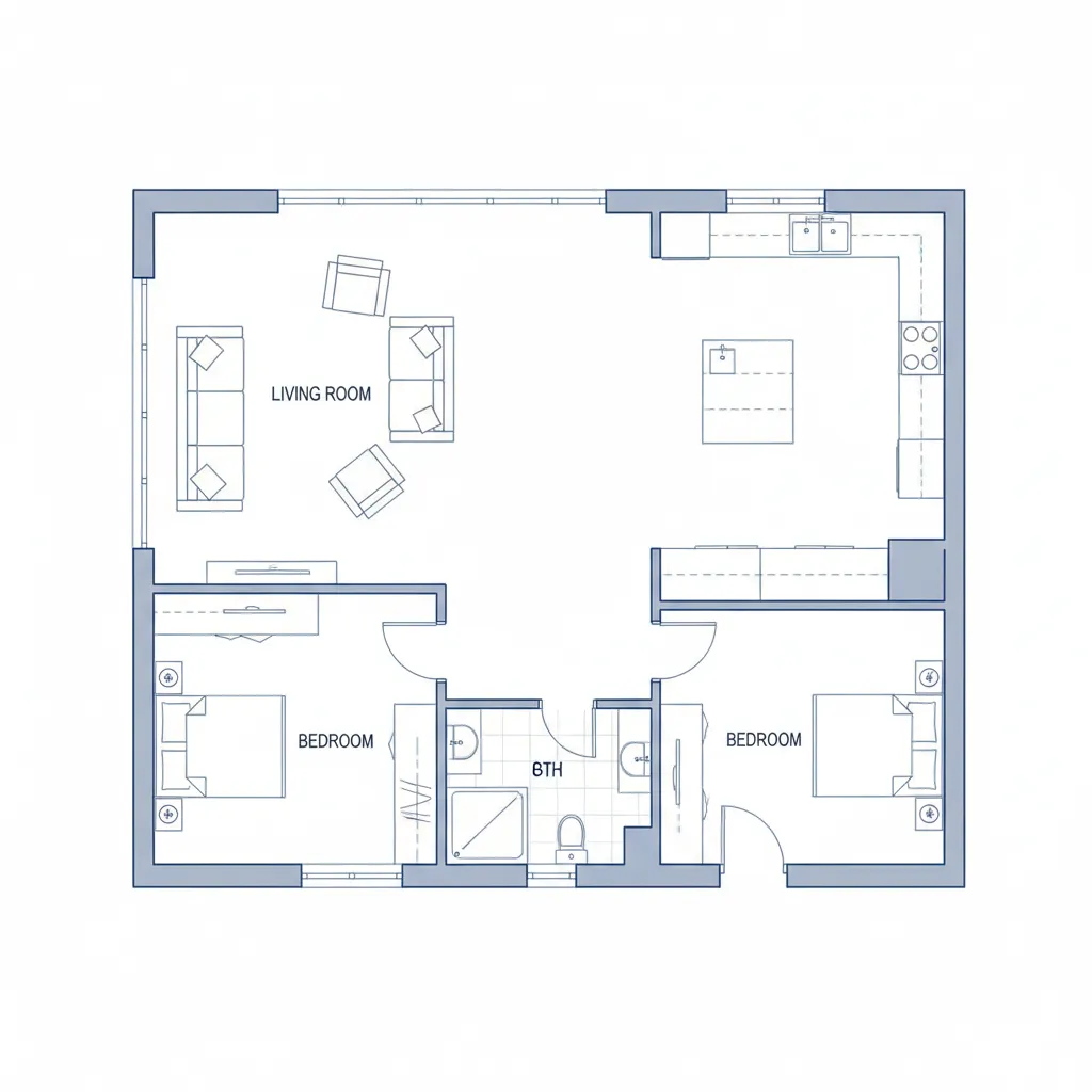 Detailed 2D floor plan showing living room two bedrooms bathroom kitchen and dining area layout