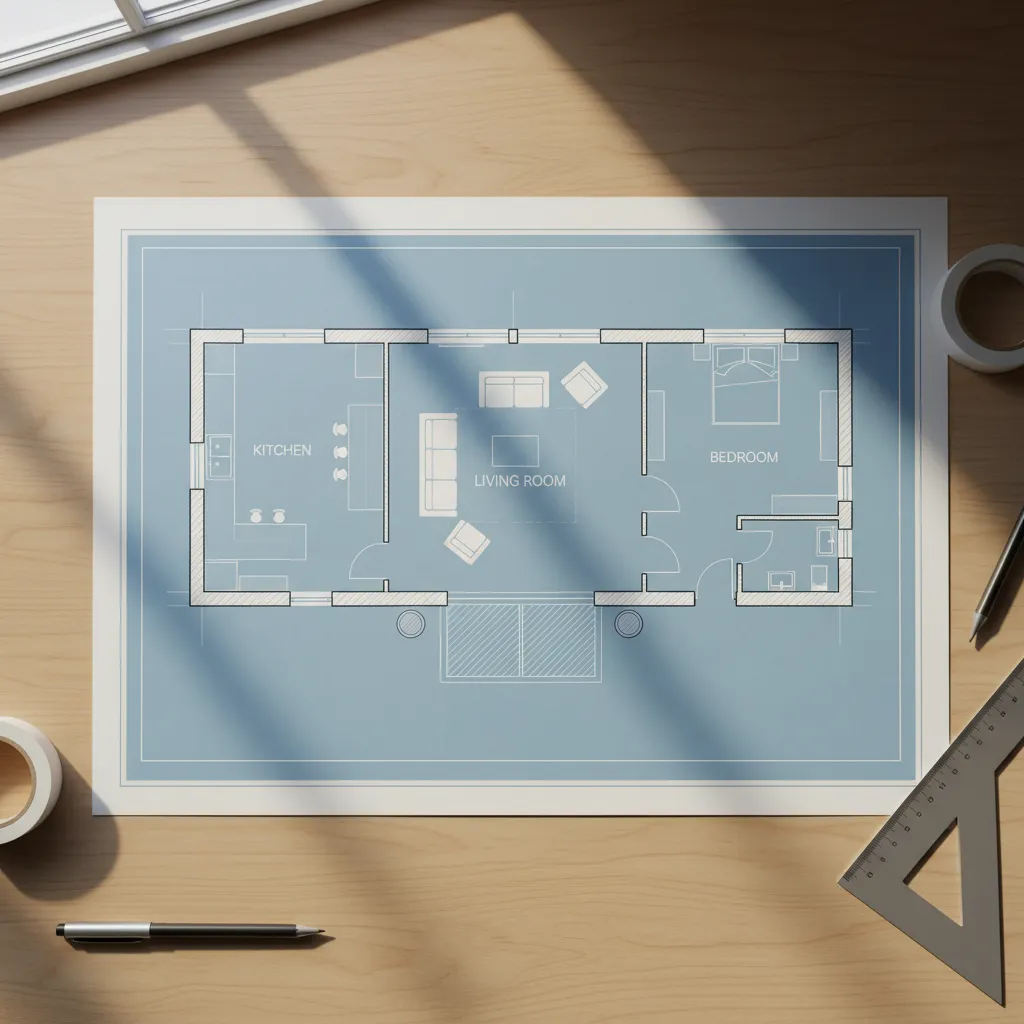 Plano arquitectónico de distribución de una casa con zonas marcadas