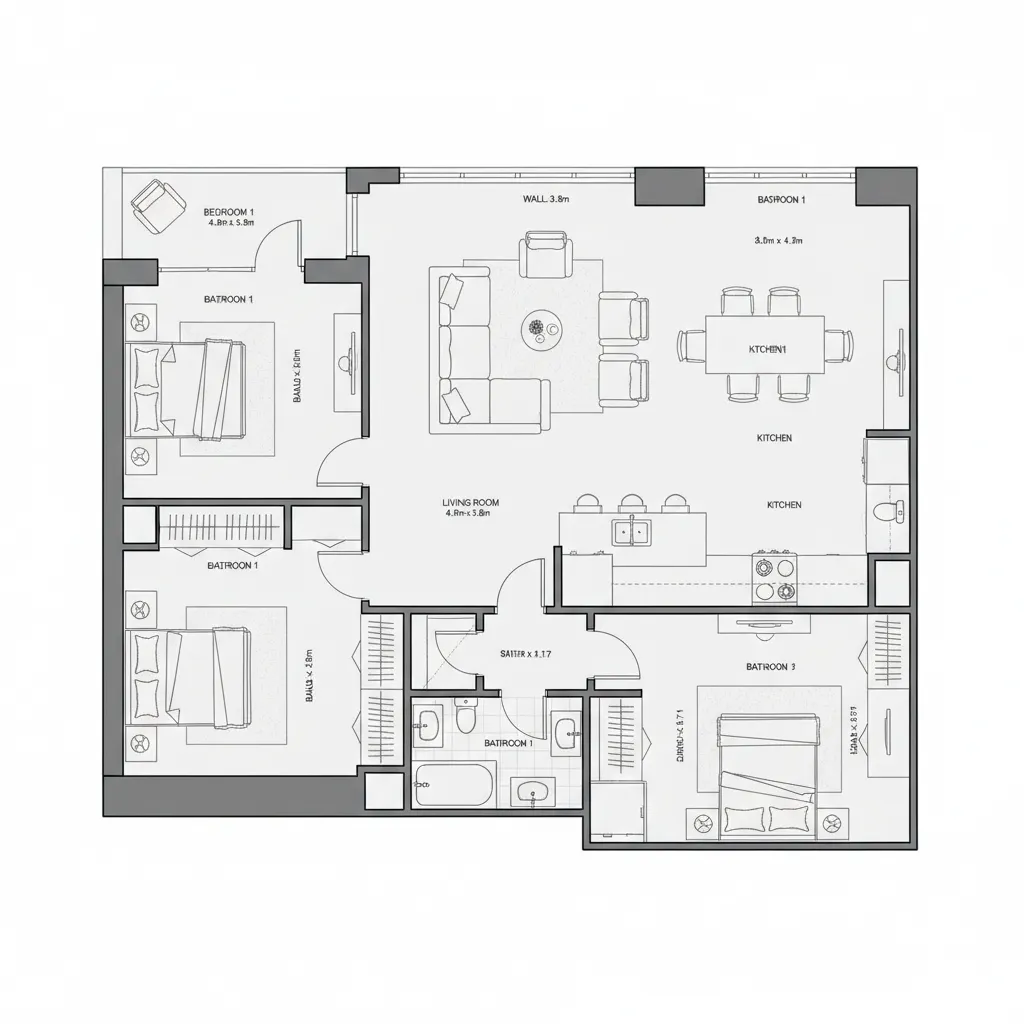 Plano técnico de distribución de una casa con medidas y muebles