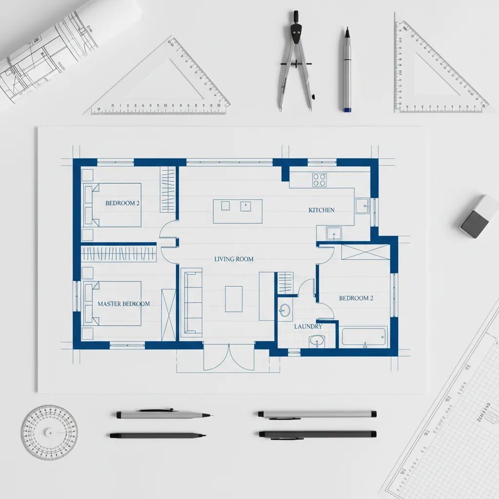 Plano arquitectónico de una casa con distribución de habitaciones