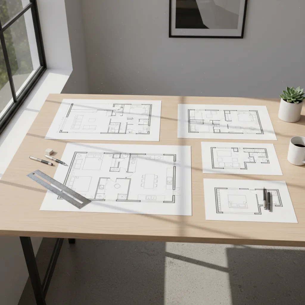 Wooden desk with several printed 2D floor plan layout designs including a ruler and pencils