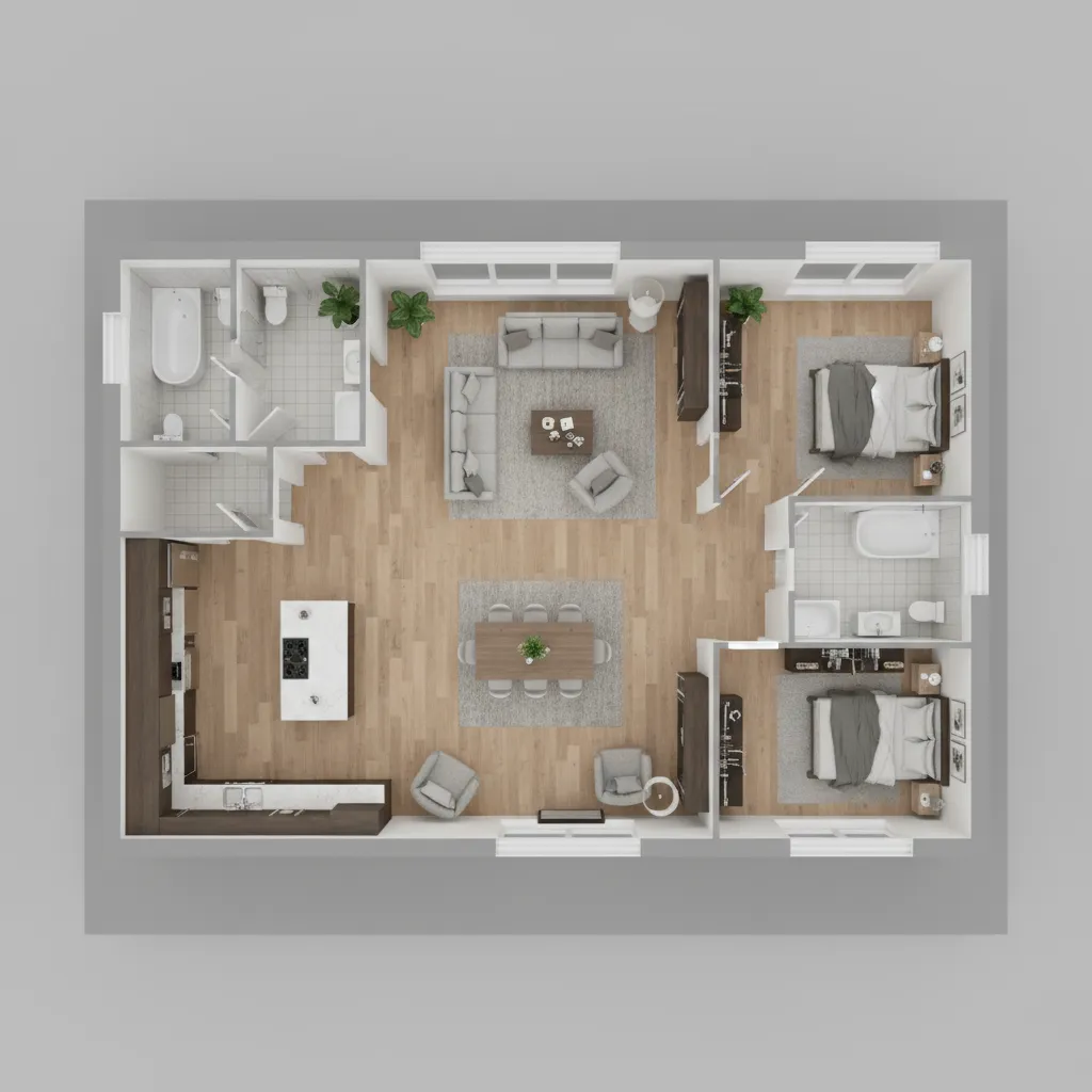 Plano de distribución de una casa en 3D mostrando habitaciones y zonas funcionales