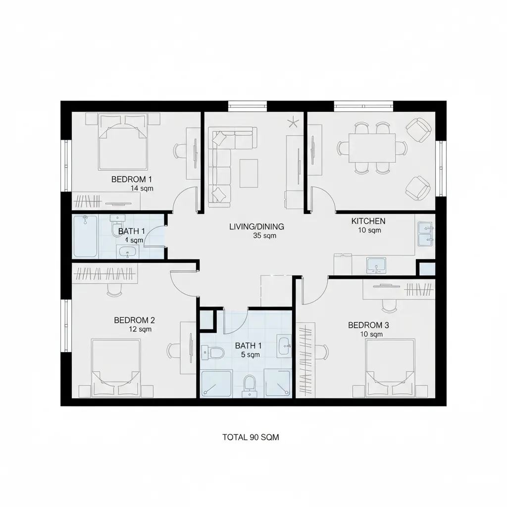 Plano de distribución eficiente para una casa de 90m2