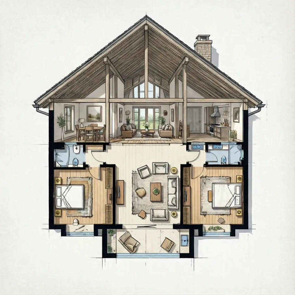 Plano de distribución abierto de una casa campestre