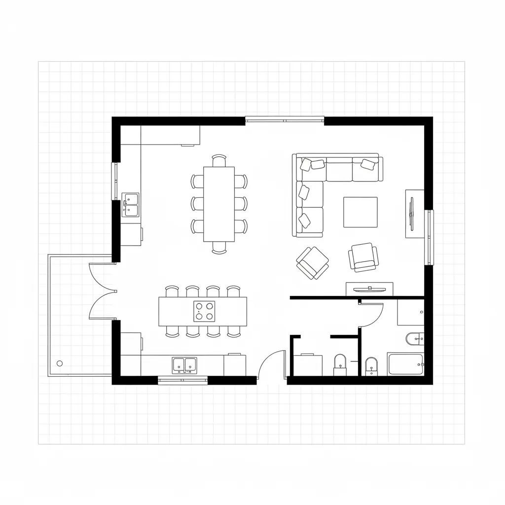 Plano de distribución abierto para una casa de campo