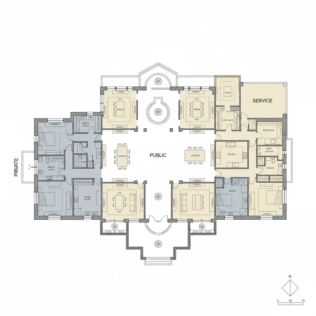 Top view room layout drawing showing public living areas plus private bedrooms and service wing zones
