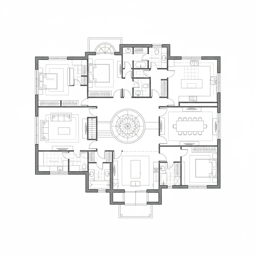 Detailed 2D room layout showing a large house with a central circular hall and bedrooms