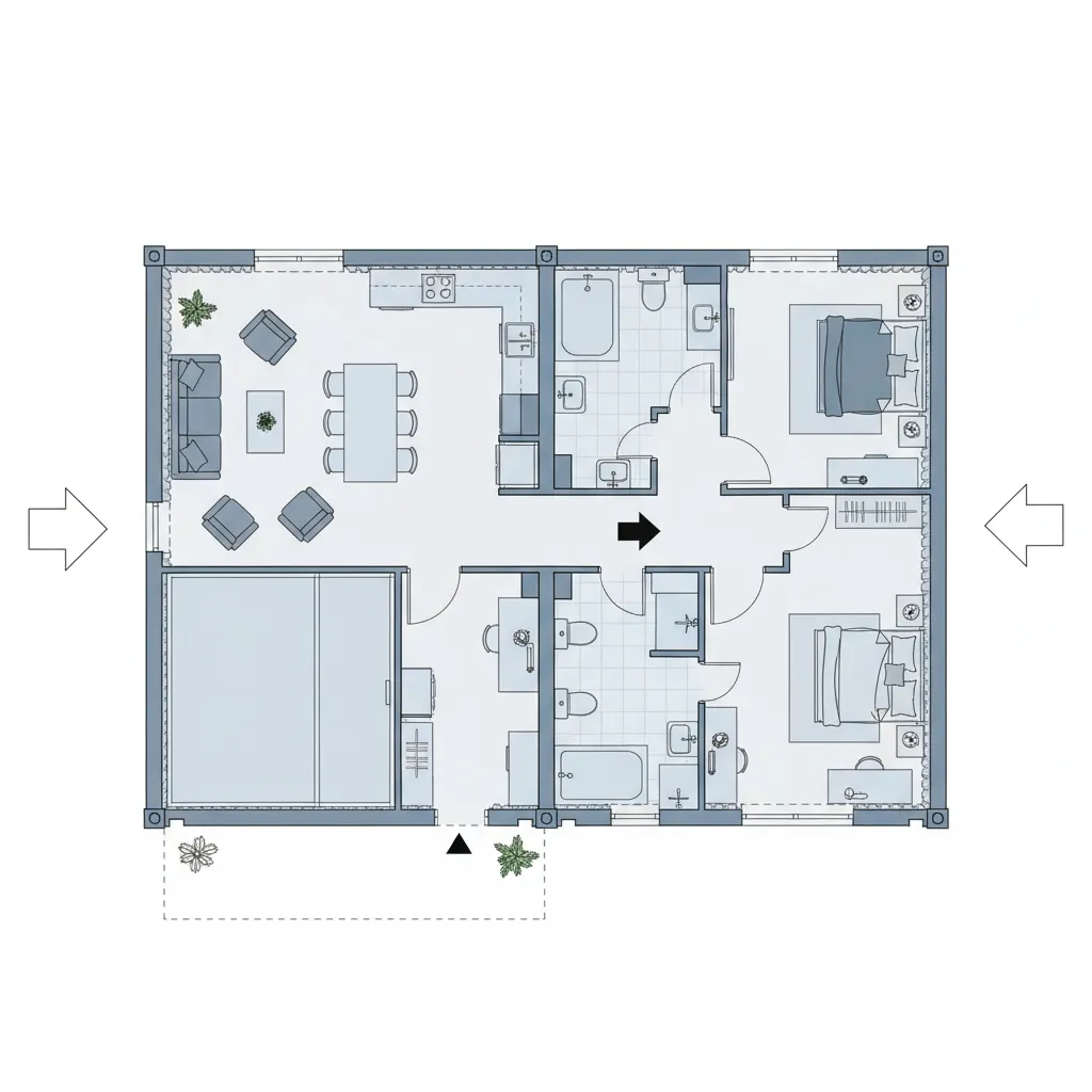 Plano de distribución de una casa diseñada con dos contenedores unidos