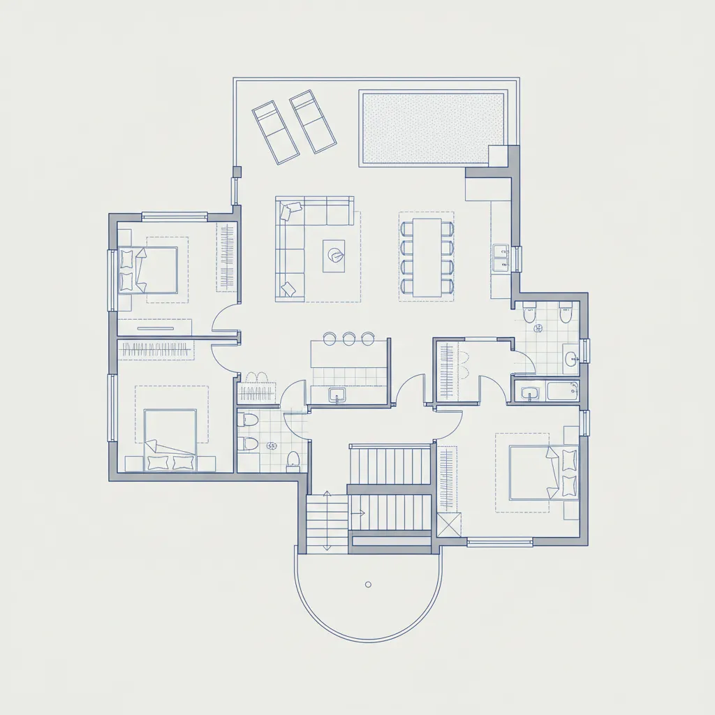 Plano arquitectónico de distribución de una casa flotante