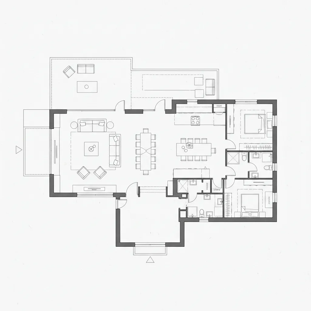 Interior design drawing showing a house layout with living room dining area kitchen and bedrooms