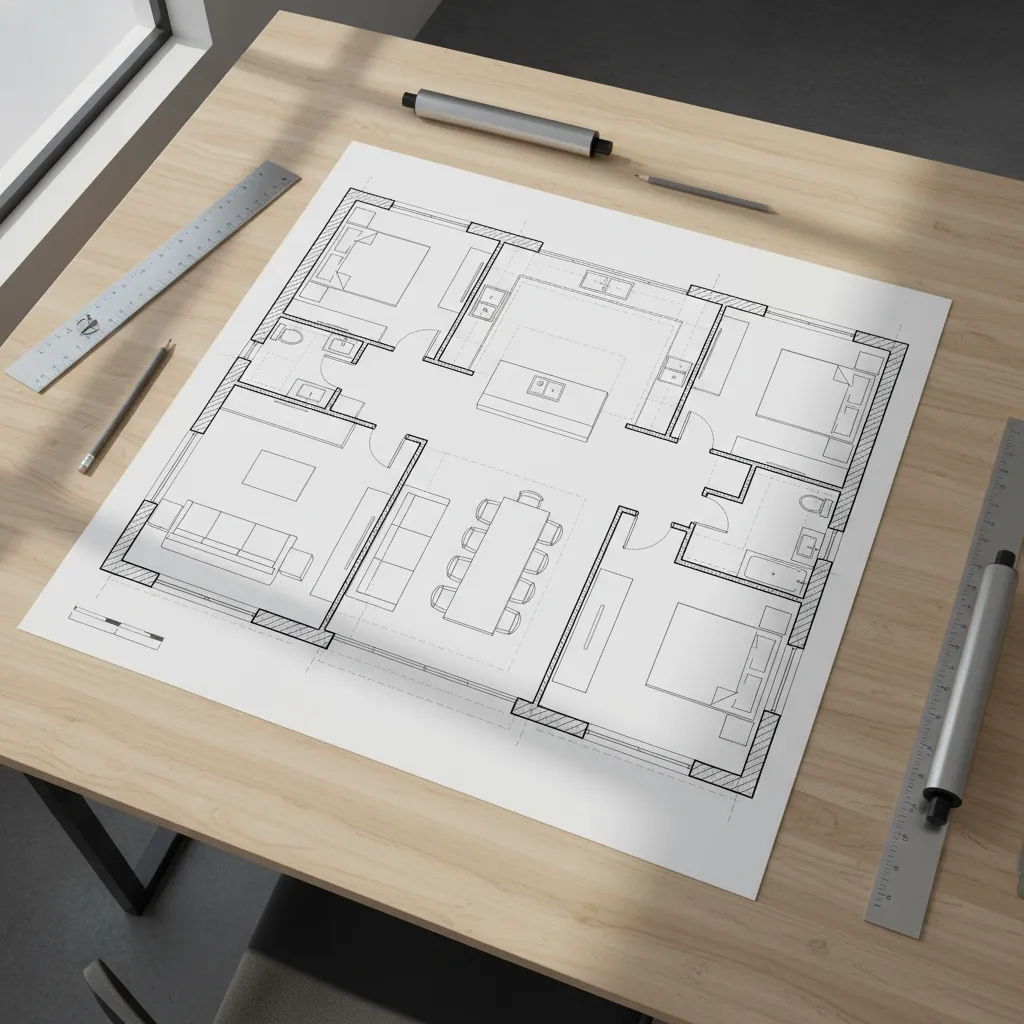Plano de distribución de una casa con estructura de bloques de hormigón