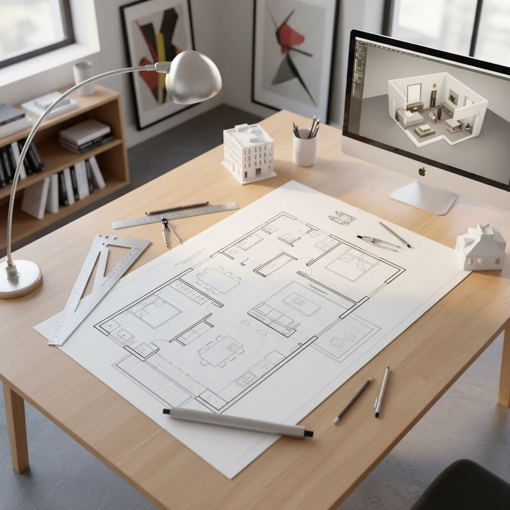 Desk with paper floor plan and computer showing interior design drawing of a modern home