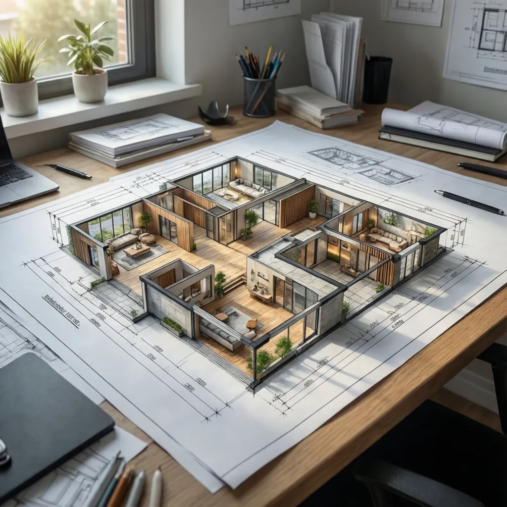 3D interior design drawing showing a modern house layout on a desk with various pens