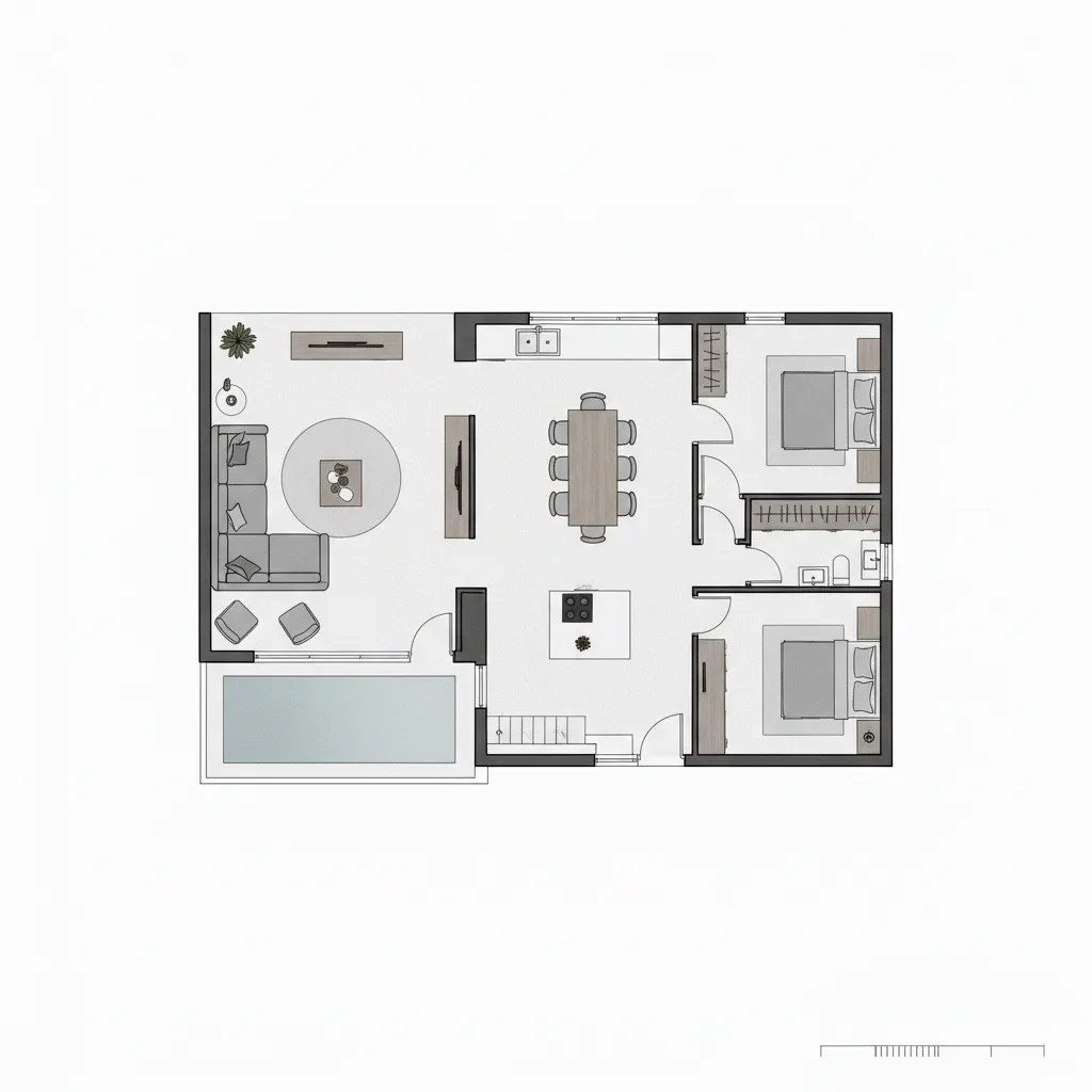 Plano arquitectónico moderno de una casa pequeña con distribución abierta