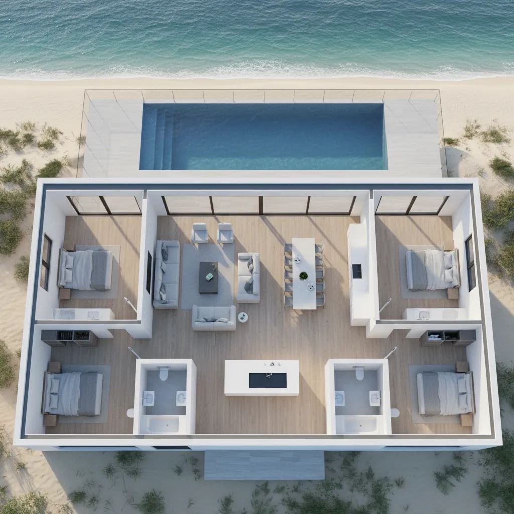 Plano arquitectónico 3D de distribución de casa frente al mar