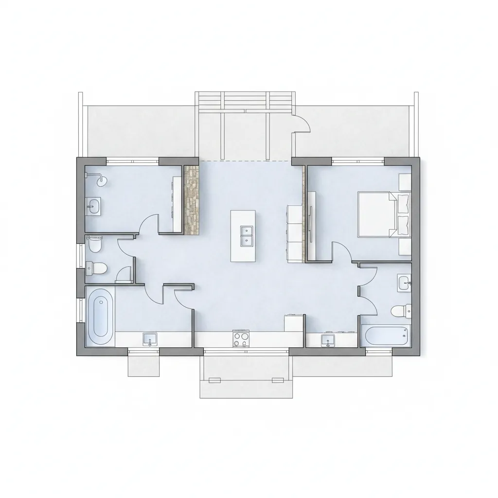 Simple 2D room layout showing two bedrooms two bathrooms and a central open kitchen area