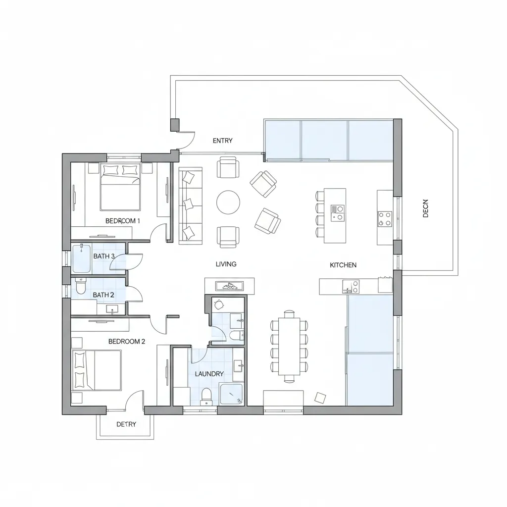 Two bedroom house room layout showing kitchen living room dining area and a large outdoor balcony
