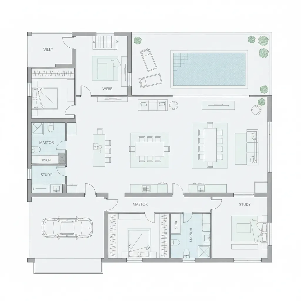 plano de distribución de chalet con zonificación de espacios