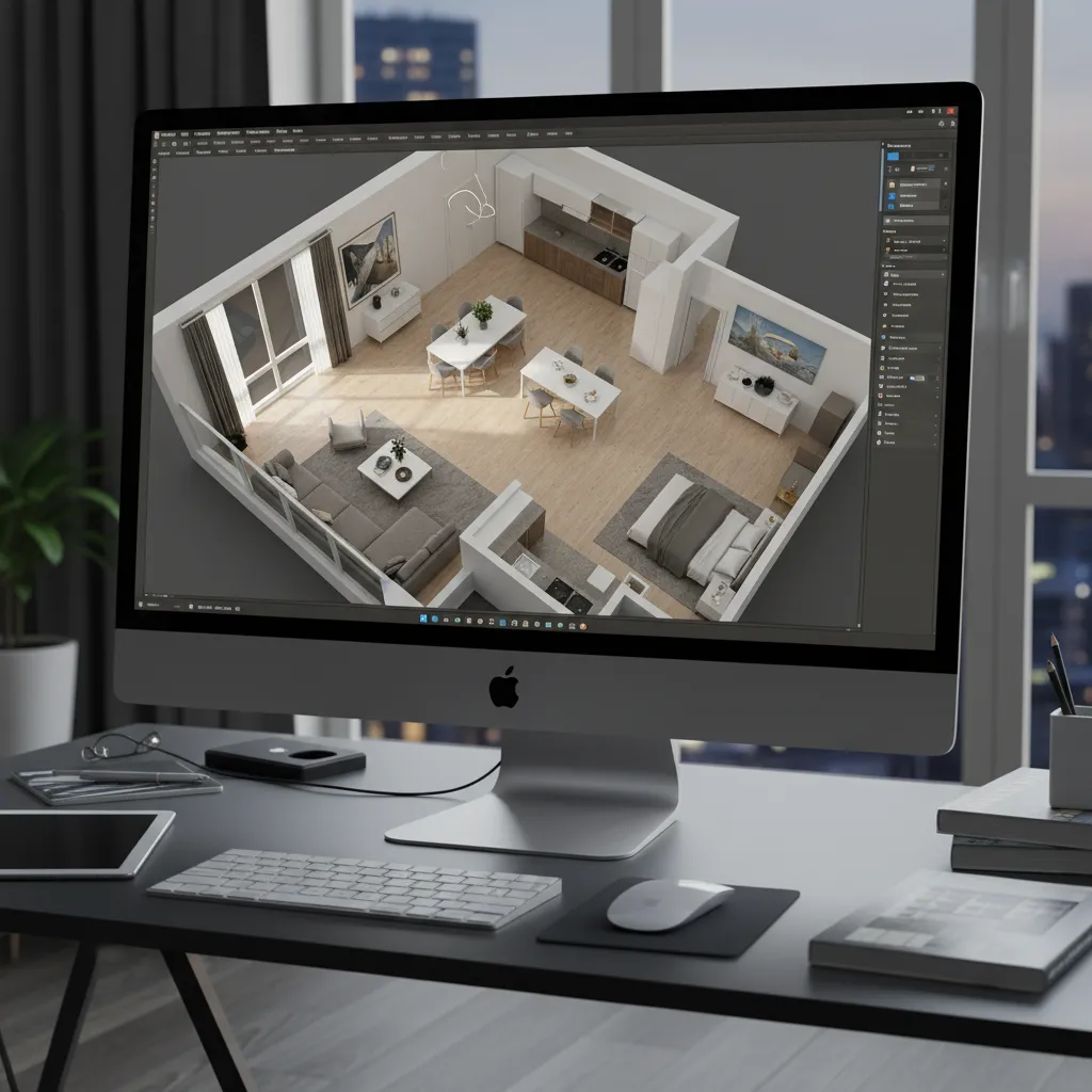 Desktop computer monitor showing 3D interior design drawing of an apartment with various room layouts