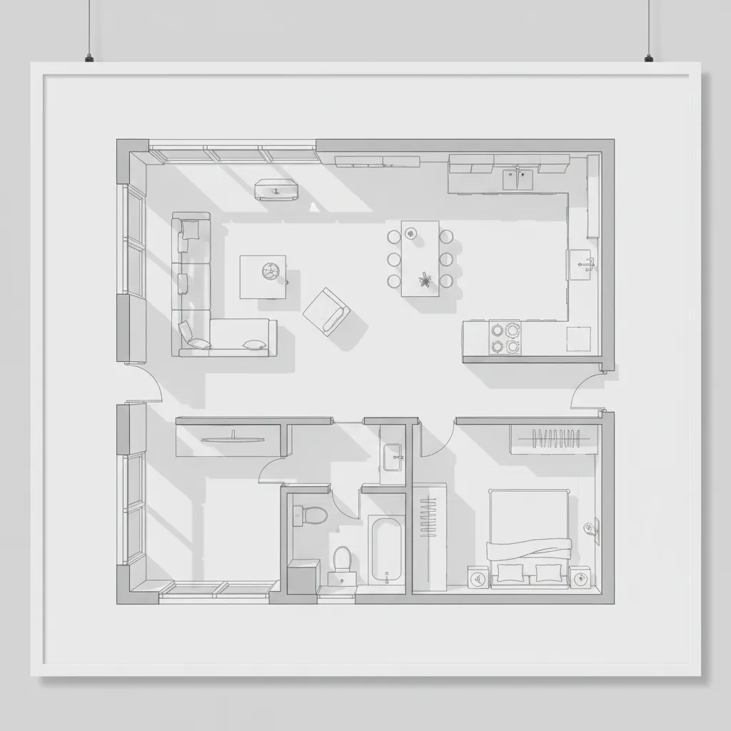 Plano de distribución de apartamento con muebles y circulación