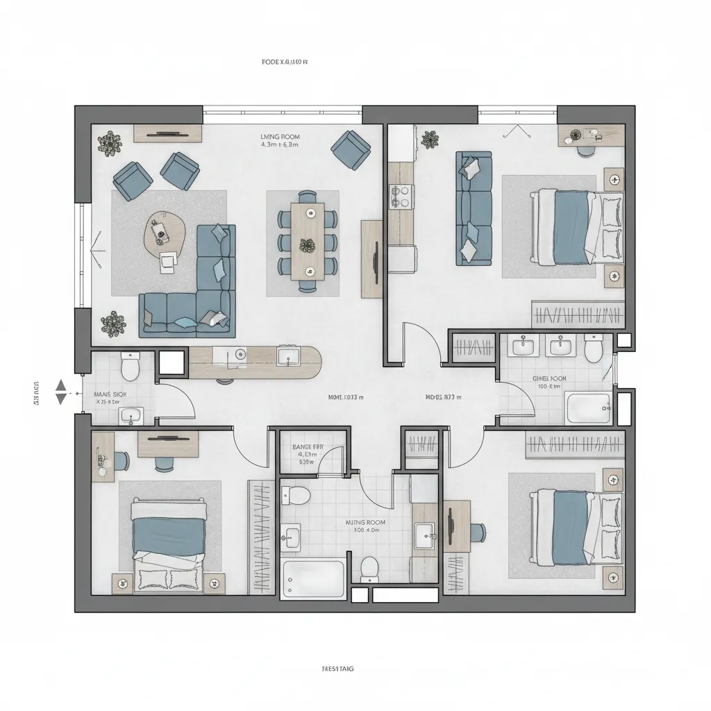 Plano de distribución de una vivienda con muebles y medidas