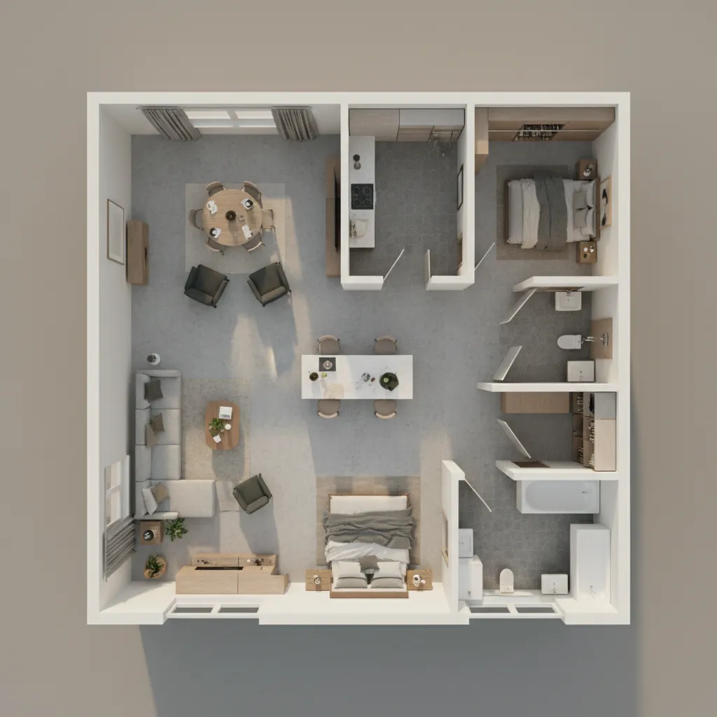 Interior design drawing showing a floor plan with two bedrooms living area kitchen and bathroom
