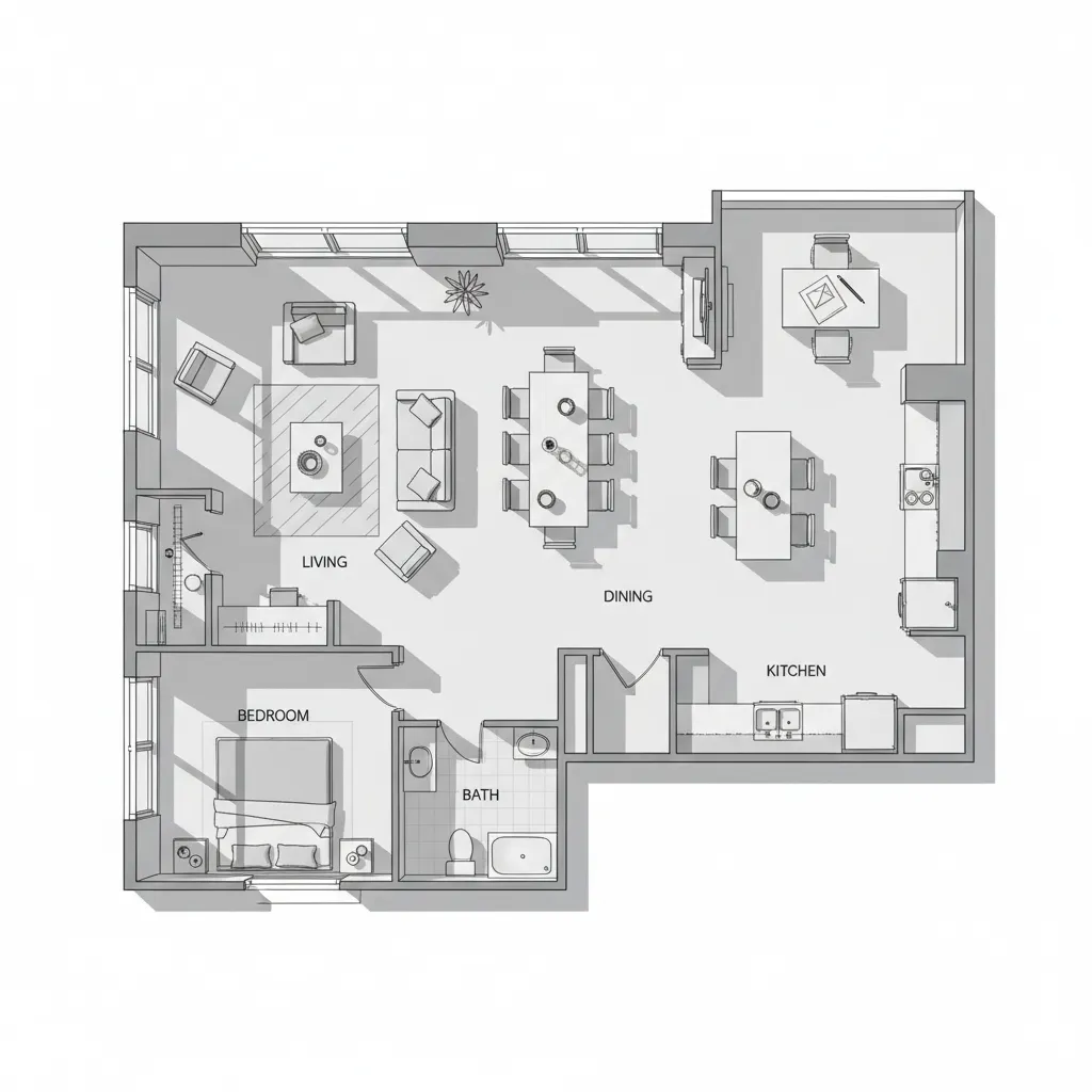 Plano de distribución de un apartamento con mobiliario