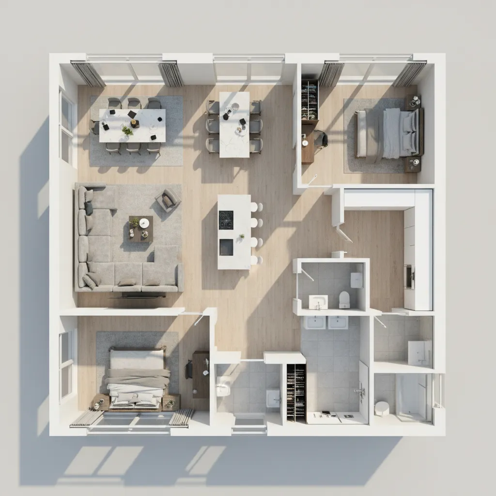 Plano 3D de distribución de un piso con mobiliario