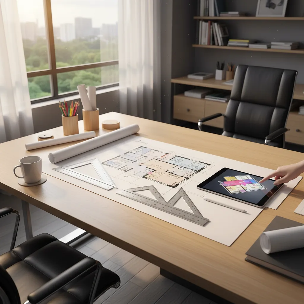 Designer workspace with floor plan drawings rulers and tablet showing room layout with hand pointing