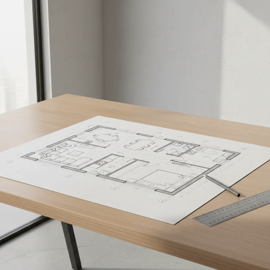 Paper floor plan drawing on a wooden table with a pencil and a metal ruler
