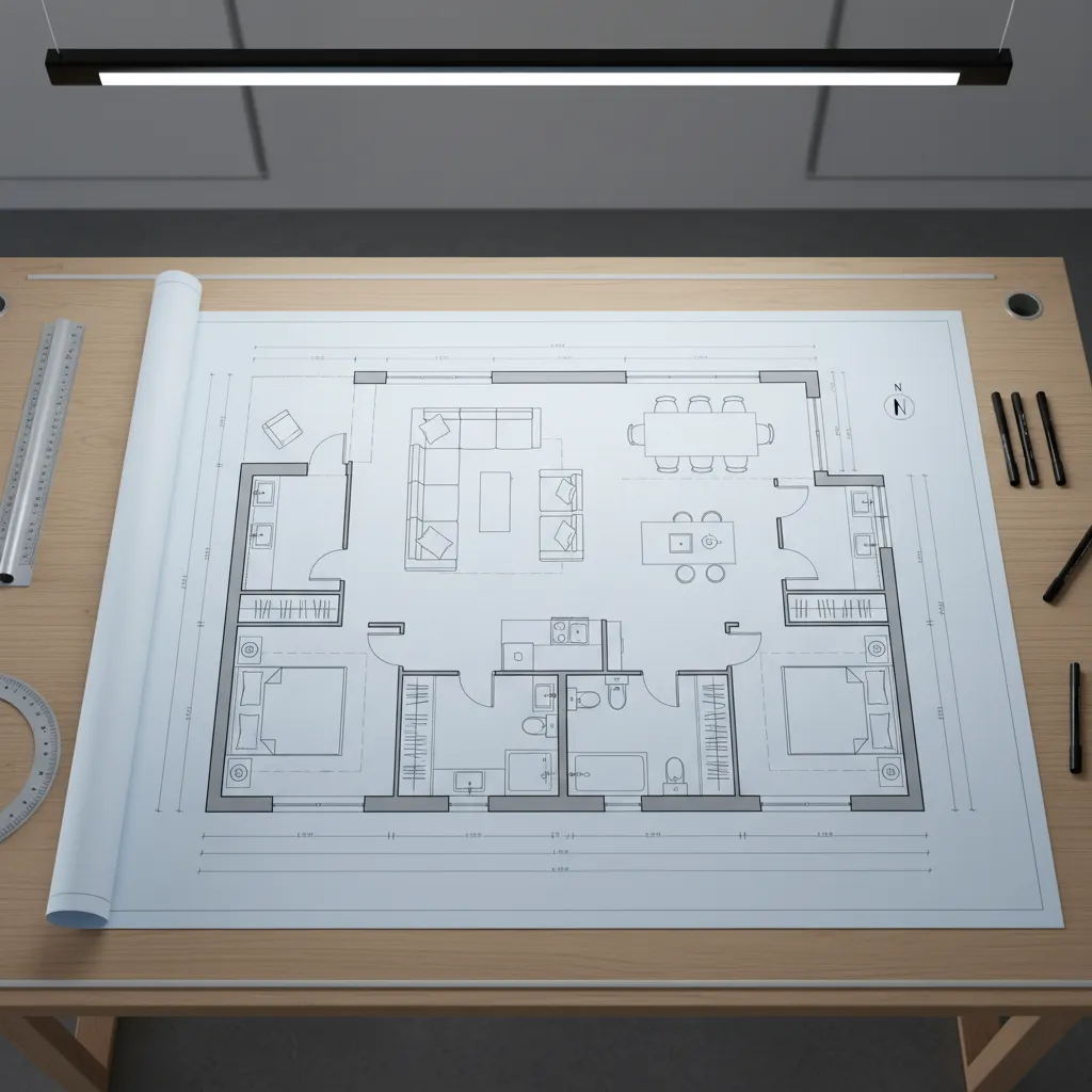 Plano de distribución de una vivienda utilizado en diseño de interiores