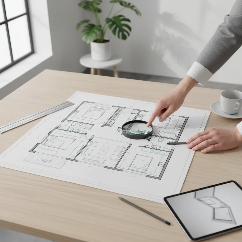 Interior design drawing on a desk with person pointing magnifying glass tablet and coffee cup