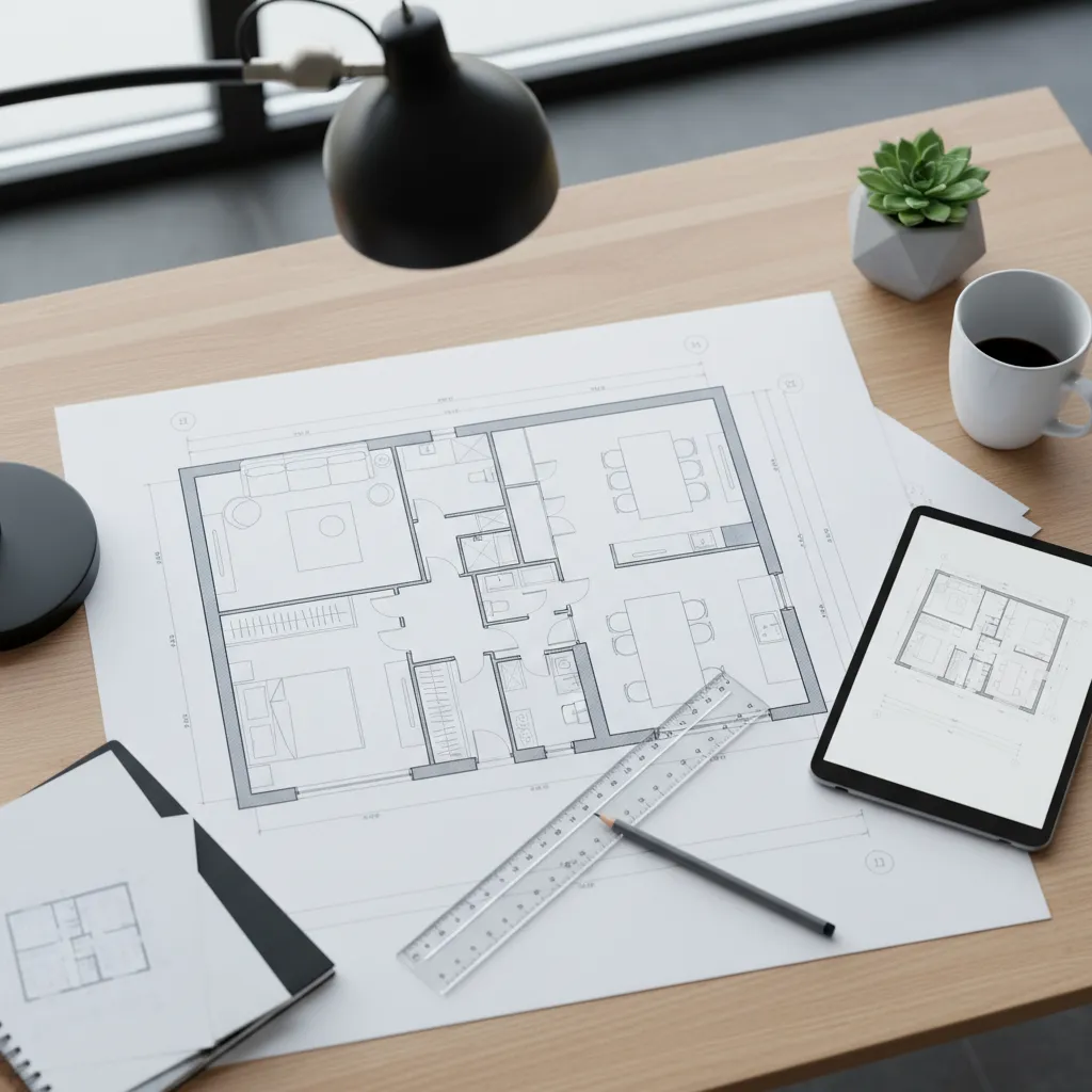 Wooden desk with interior design drawing, ruler, pencil, tablet, black lamp, coffee mug, and plant