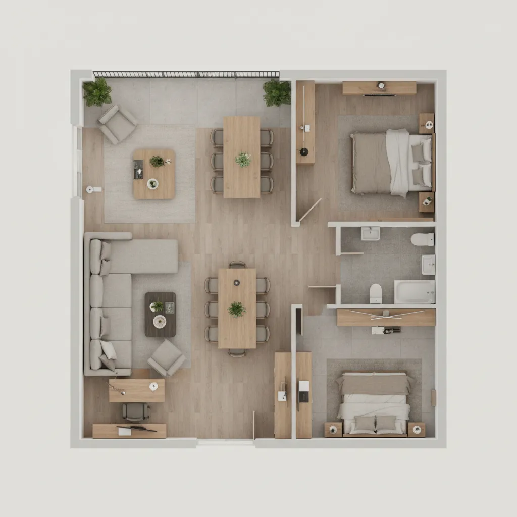 Top down view of a two bedroom apartment layout showing living room kitchen and bedrooms