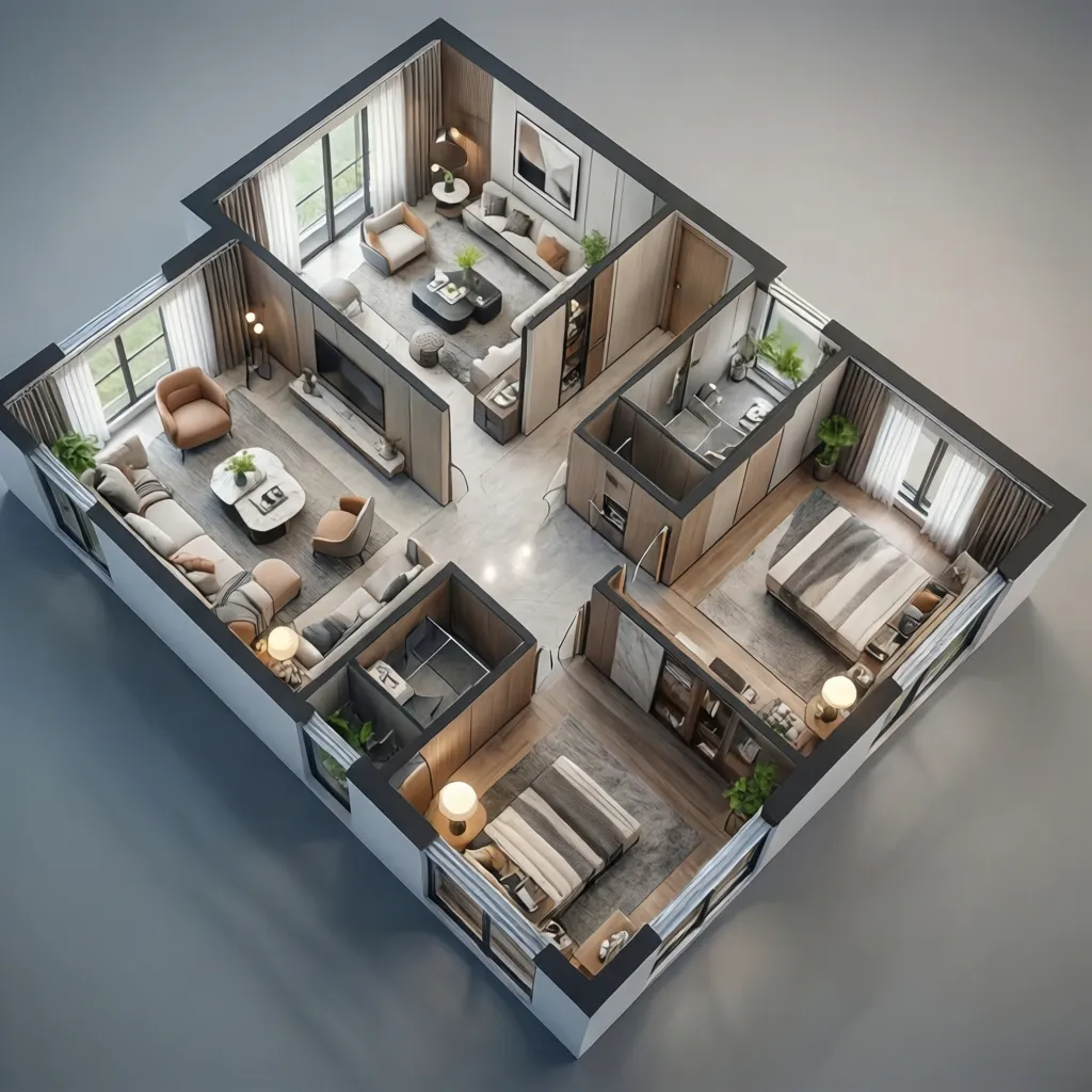 Plano 3D de distribución de un apartamento mostrando mobiliario