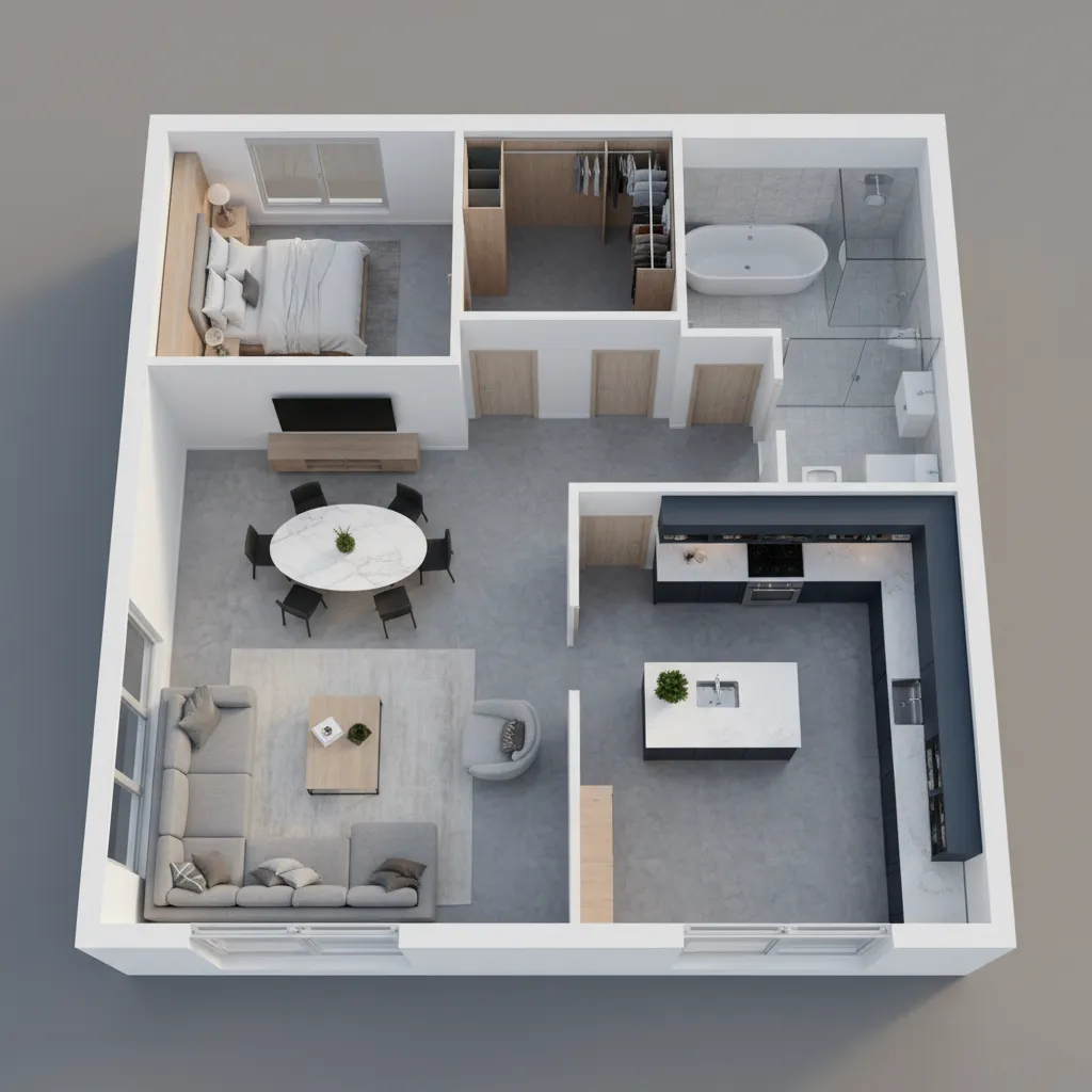 Plano 3D de distribución de un apartamento para proyecto de interiorismo