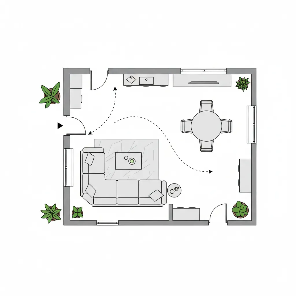 Plano de salón con distribución de muebles y zonas de circulación