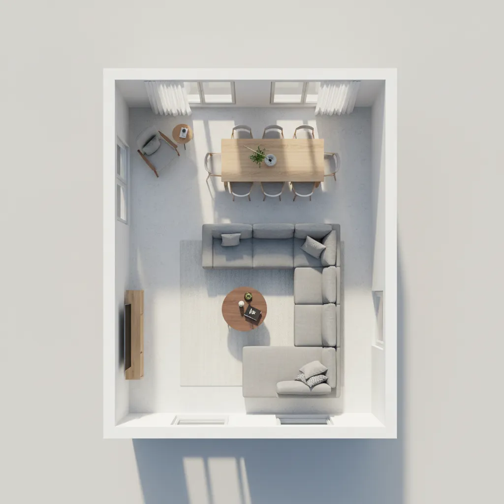 visualización 3D de distribución de muebles en un salón