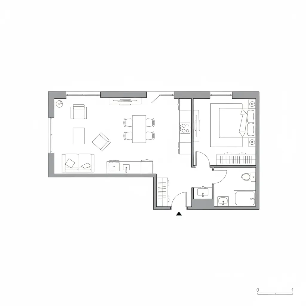 2D interior design drawing of a small apartment featuring bedroom bathroom kitchen and living area