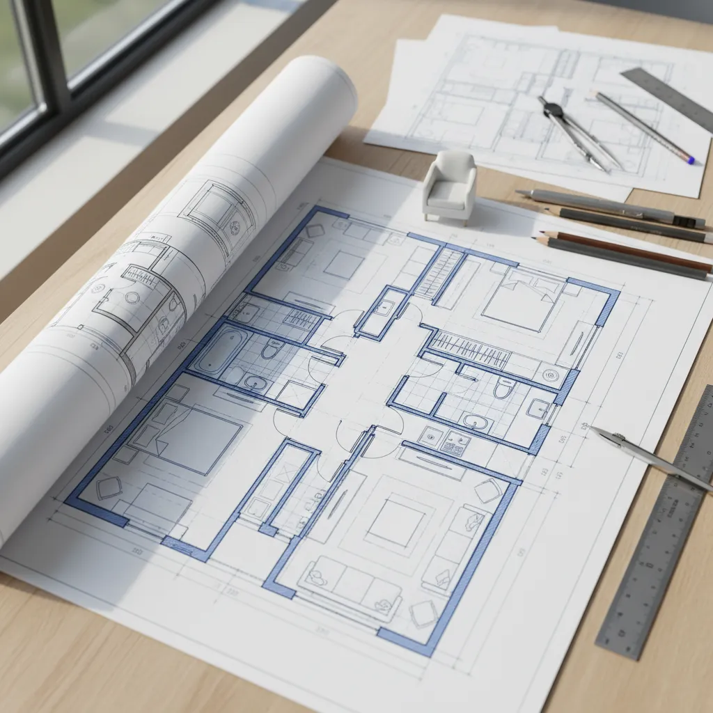Plano de distribución de vivienda con zonas de salón cocina y dormitorios