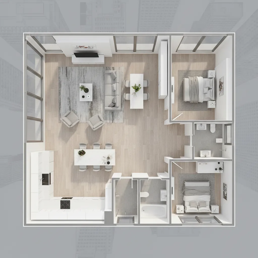 Top view of modern two bedroom apartment layout with living room kitchen and two bathrooms