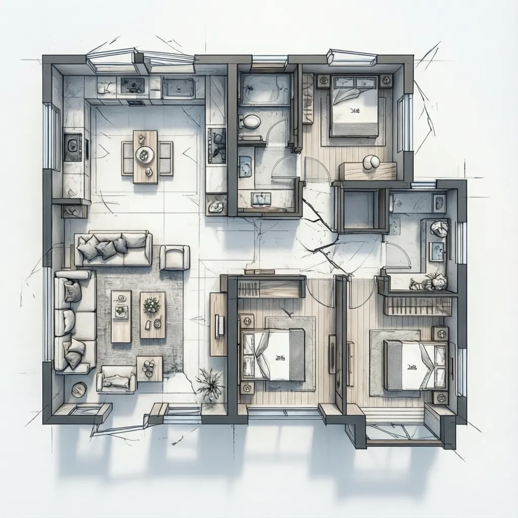 Detailed interior design drawing of a modern apartment floor plan with living room and bedrooms