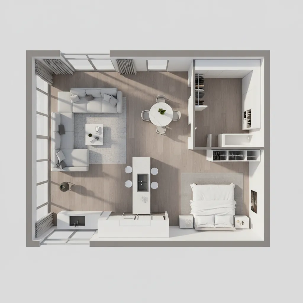 Plano 3D de distribución de un apartamento