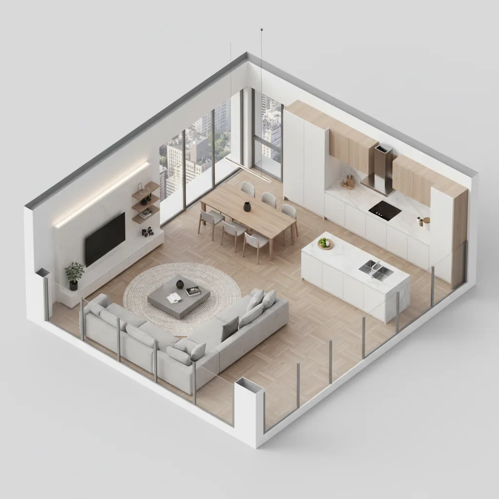 Plano 3D de distribución de vivienda mostrando salón, cocina y comedor conectados