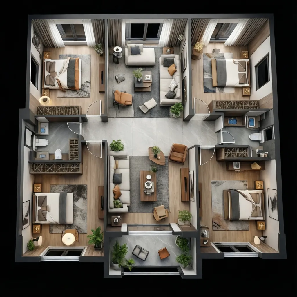Plano 3D de distribución de vivienda utilizado para planificación interior