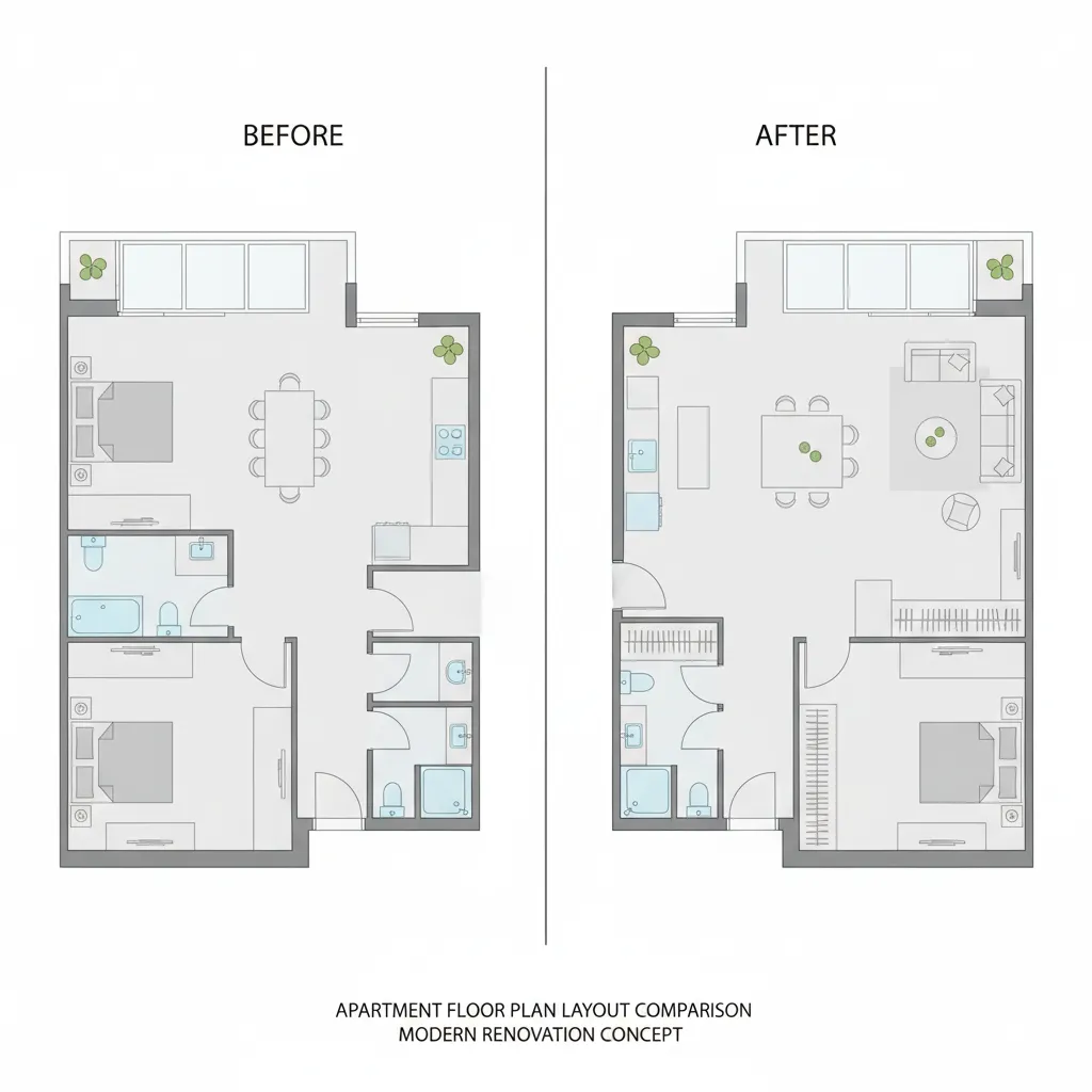 Plano de distribución de un piso antes y después de una reforma