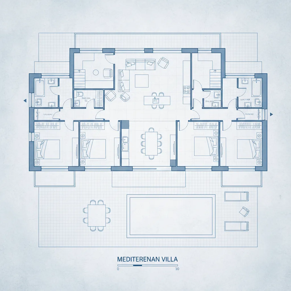 Plano de distribución de una vivienda mediterránea abierta